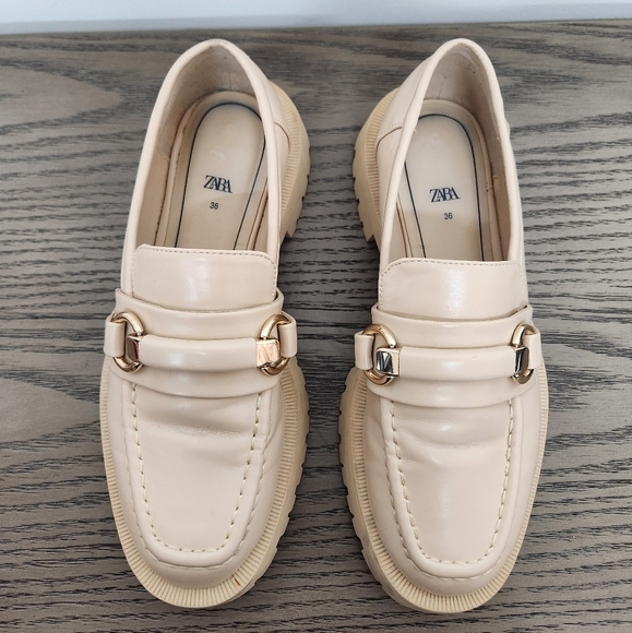 Zara Track Chunky Lug Sole Buckle Loafers Womens Size 6 European 36 Cream - Picture 3 of 9